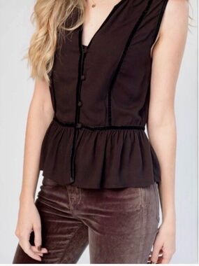 FRAME DENIM Trim Peplum Sleeveless Top Black Velvet Noir Blouse XS Small NWT NEW